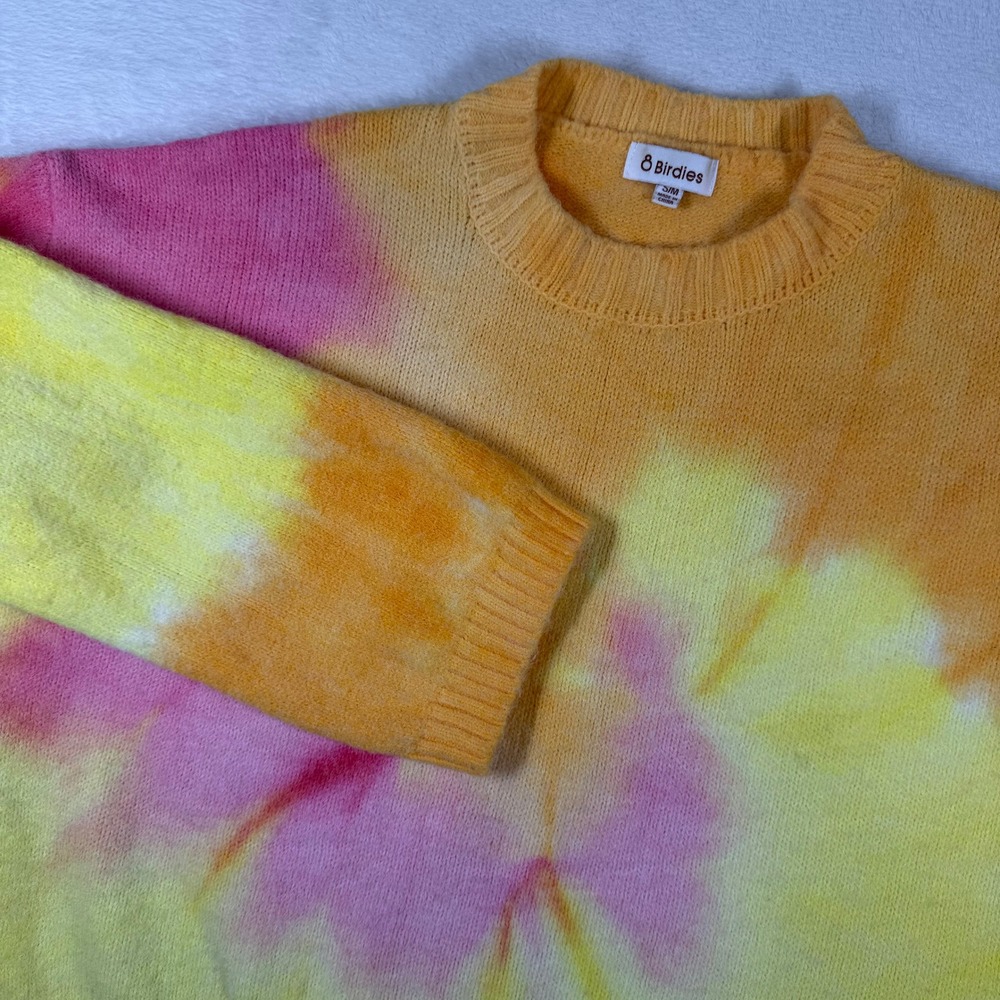 8 Birdies Womens Tie Dye Crewneck Sweater Yellow Pink Orange Wool Blend S/M